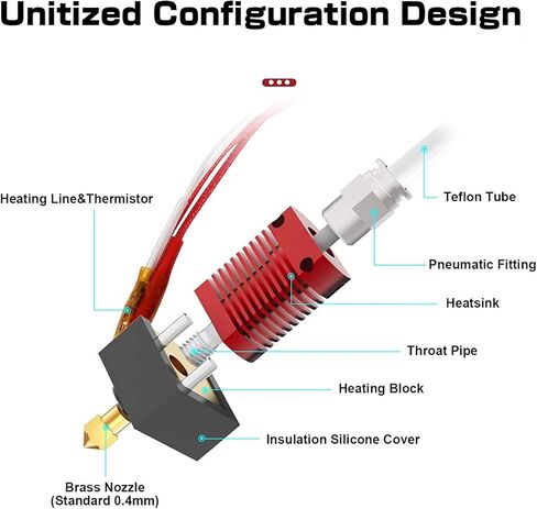 مجموعة Hotend المجمعة من Creality لـ Ender 3 / Ender 3 Pro/Ender 3 V2 مع Capricorn PTFE وتركيبات هوائية مطورة، الثرمستور، عنصر التسخين، جورب MK8 و4 فوهات إضافية in Kuwait