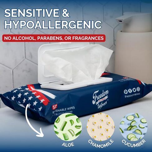 مناديل الحرية مناديل قابلة للتنظيف | صنع في الولايات المتحدة الأمريكية | ألياف قابلة للتحلل الحيوي، وخلاصة الصبار وفيتامين E | آمن للتنظيف، خالٍ من البارابين والكحول | ناعم وخالي من العطور | 50 قطعة × 4 عبوات in Kuwait