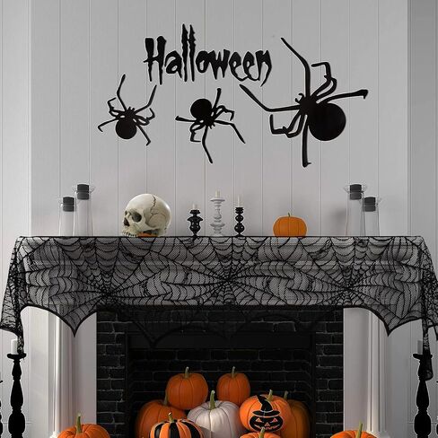 Hooqict Halloween Decoration Halloween Black Lace Spiderweb Fireplace Mantle Scarf Cover for Halloween Party Supplies 18 x 96 Inch in Kuwait