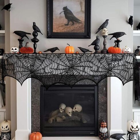 Hooqict Halloween Decoration Halloween Black Lace Spiderweb Fireplace Mantle Scarf Cover for Halloween Party Supplies 18 x 96 Inch in Kuwait