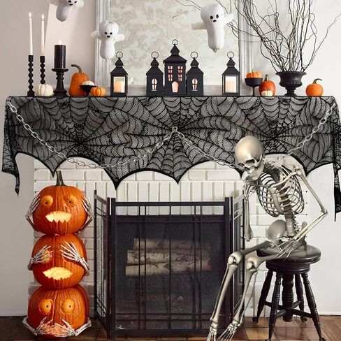 Hooqict Halloween Decoration Halloween Black Lace Spiderweb Fireplace Mantle Scarf Cover for Halloween Party Supplies 18 x 96 Inch in Kuwait