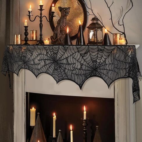 Hooqict Halloween Decoration Halloween Black Lace Spiderweb Fireplace Mantle Scarf Cover for Halloween Party Supplies 18 x 96 Inch in Kuwait