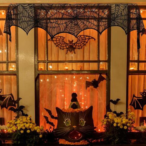 Hooqict Halloween Decoration Halloween Black Lace Spiderweb Fireplace Mantle Scarf Cover for Halloween Party Supplies 18 x 96 Inch in Kuwait