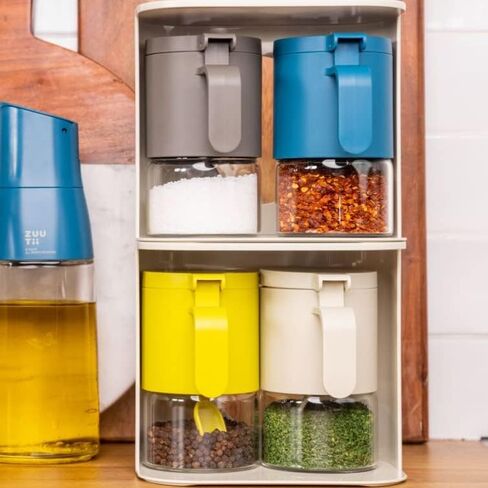 برطمانات توابل زجاجية من زوتي، حاويات توابل مع ملاعق، مجموعة من زجاجتين توابل سعة 10 أونصة/300 مل، برطمانات تخزين توابل صغيرة مع أغطية فلابر للملح والسكر والفلفل والفلفل الحار في المطبخ in Kuwait