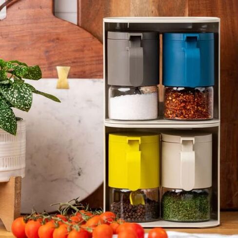 برطمانات توابل زجاجية من زوتي، حاويات توابل مع ملاعق، مجموعة من زجاجتين توابل سعة 10 أونصة/300 مل، برطمانات تخزين توابل صغيرة مع أغطية فلابر للملح والسكر والفلفل والفلفل الحار في المطبخ in Kuwait