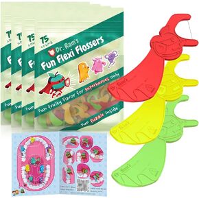 Fun Flexi Flossers for Kids - Anti-Ouch Shaped Kids Dental Floss with Puzzle and Game - Light Citrus Fruit Scent Kid Floss (75 Count) in Saudi Arabia