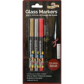 Parker & Bailey Glass Markers - Metallic Markers Wine Glass Markers Washable Wine Markers for Window Mirror Ceramics Drink Glasses Bottles Non-Toxic Glass Pens Gold Silver Red Markers - 3 Pack