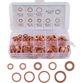 DIANN 200pcs Flat Copper Washer Assortment Set 9 Sizes M5-M14 O Ring Copper Gaskets Set Flat Ring Seal Kit