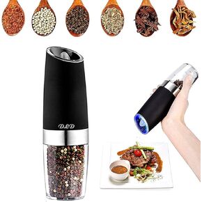 Electric gravity pepper grinder or salt grinder with adjustable thickness, automatic pepper grinder battery, with blue LED light, DLD one-hand operation, brushed stainless steel