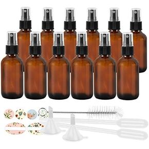 STARSIDE 12 Pack (120 ml) 4oz Amber Glass Spray Bottles with Fine Mist Sprayer & Dust Cap for Essential Oils, Perfumes,Cleaning Products.Included 1 Brush,2 Funnels,2 Droppers & 18 Labels.