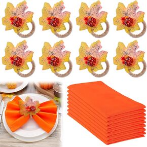 16 Pcs Fall Thanksgiving Cloth Napkins with Napkin Rings- Reusable Fabric Napkins and Maple Leaves Pumpkin Napkin Holders for Autumn Themed Party Wedding Family Gathering Farmhouse Table Decor in Kuwait