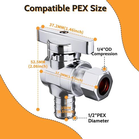 Angle Stop Valve 10 Pack,1/2'' Pex x 1/4'' OD Compression,1/2'' Pex x 3/8'' OD Compression, 1/4 Turn Water Shut Off Valve,3/8 Inch OD,1/4 Inch OD, Chrome, CPVC (1/2'' PEX X 3/8'' OD) in Kuwait