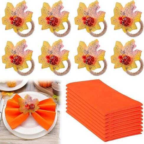 16 Pcs Fall Thanksgiving Cloth Napkins with Napkin Rings- Reusable Fabric Napkins and Maple Leaves Pumpkin Napkin Holders for Autumn Themed Party Wedding Family Gathering Farmhouse Table Decor in Kuwait