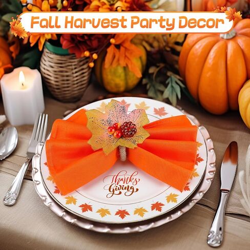 16 Pcs Fall Thanksgiving Cloth Napkins with Napkin Rings- Reusable Fabric Napkins and Maple Leaves Pumpkin Napkin Holders for Autumn Themed Party Wedding Family Gathering Farmhouse Table Decor in Kuwait