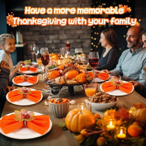 16 Pcs Fall Thanksgiving Cloth Napkins with Napkin Rings- Reusable Fabric Napkins and Maple Leaves Pumpkin Napkin Holders for Autumn Themed Party Wedding Family Gathering Farmhouse Table Decor in Kuwait