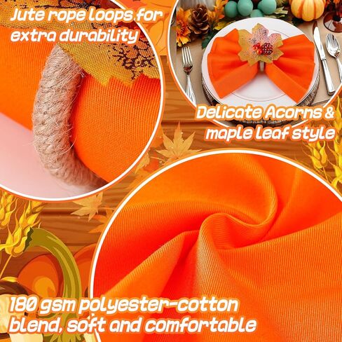 16 Pcs Fall Thanksgiving Cloth Napkins with Napkin Rings- Reusable Fabric Napkins and Maple Leaves Pumpkin Napkin Holders for Autumn Themed Party Wedding Family Gathering Farmhouse Table Decor in Kuwait