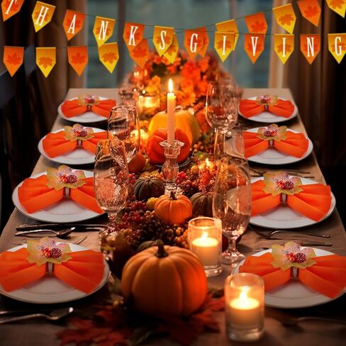 16 Pcs Fall Thanksgiving Cloth Napkins with Napkin Rings- Reusable Fabric Napkins and Maple Leaves Pumpkin Napkin Holders for Autumn Themed Party Wedding Family Gathering Farmhouse Table Decor in Kuwait