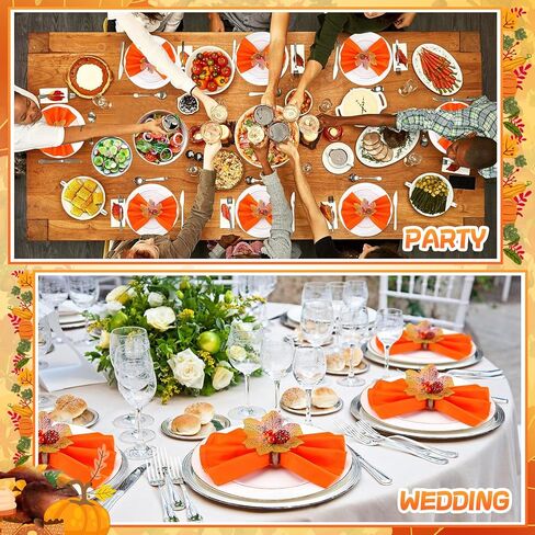 16 Pcs Fall Thanksgiving Cloth Napkins with Napkin Rings- Reusable Fabric Napkins and Maple Leaves Pumpkin Napkin Holders for Autumn Themed Party Wedding Family Gathering Farmhouse Table Decor in Kuwait