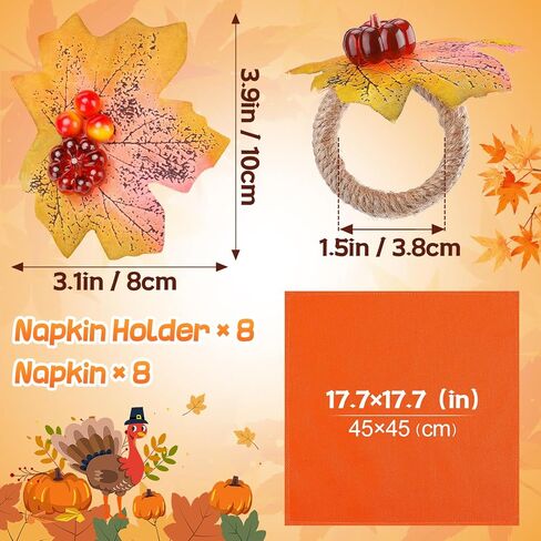 16 Pcs Fall Thanksgiving Cloth Napkins with Napkin Rings- Reusable Fabric Napkins and Maple Leaves Pumpkin Napkin Holders for Autumn Themed Party Wedding Family Gathering Farmhouse Table Decor in Kuwait