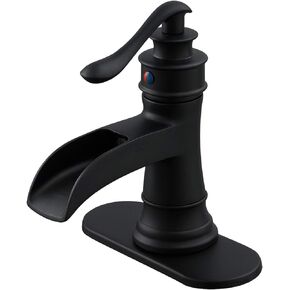 BWE Black Bathroom Faucet Matte Waterfall Sink Farmhouse Bath Vanity Single Hole Faucets One Handle Basin Antique centerset Restroom Mixer Tap Supply Line Lead-Free