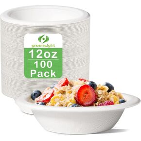greensight 12oz Paper Bowls Disposable, 100 Pack Eco-friendly Compostable Bowls, Party Serving Bowls For Salad, Ice Cream, Dessert And Hot Soup, Heavy Duty Biodegradable Bowls Made Of Sugarcane