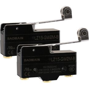 Baomain Micro Switch Z-15GW2S-B (LZ15-GW2M-B) 3-Screw Terminal Long Hinge Roller Lever AC DC Limit Pack of 2