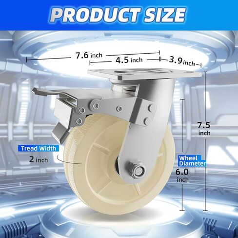 عجلات العجلات، مجموعة عجلات مقاس 6 بوصات مكونة من 4 - عجلات شديدة التحمل مع فرامل، عجلات صناعية بقفل دوار، عجلات عجلات من مادة البولي بروبيلين لأثاث منضدة العربة، السعة الإجمالية 3600 رطل in Kuwait