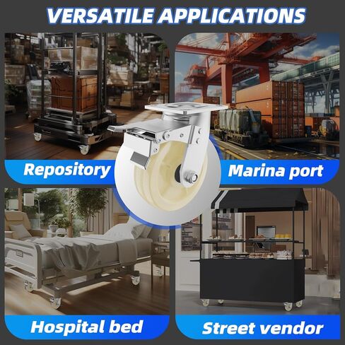 عجلات العجلات، مجموعة عجلات مقاس 6 بوصات مكونة من 4 - عجلات شديدة التحمل مع فرامل، عجلات صناعية بقفل دوار، عجلات عجلات من مادة البولي بروبيلين لأثاث منضدة العربة، السعة الإجمالية 3600 رطل in Kuwait