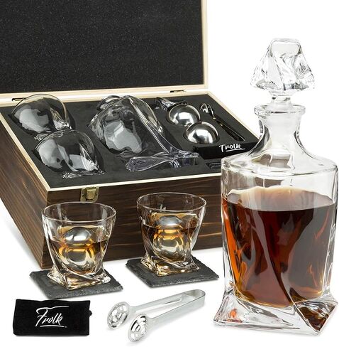 Whiskey Decanter and Stones Gift Set for Men - Whiskey Decanter, 2 Twisted Whiskey Glasses, 6 XL Stainless Steel Whisky Chillers, Freezer Base, 2 Slate Coasters, Tongs & Freezer Pouch in Pinewood Box in Saudi Arabia