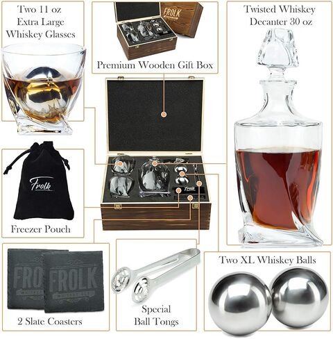 Whiskey Decanter and Stones Gift Set for Men - Whiskey Decanter, 2 Twisted Whiskey Glasses, 6 XL Stainless Steel Whisky Chillers, Freezer Base, 2 Slate Coasters, Tongs & Freezer Pouch in Pinewood Box in Saudi Arabia