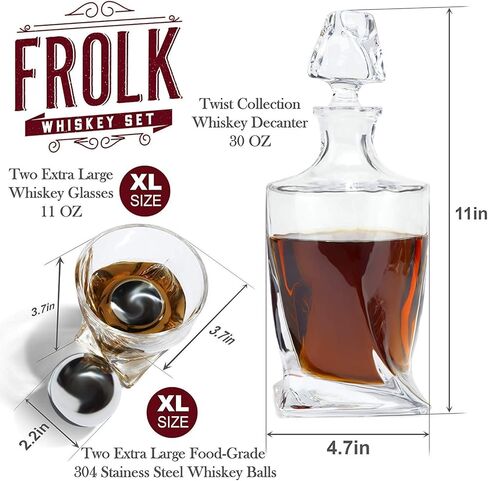 Whiskey Decanter and Stones Gift Set for Men - Whiskey Decanter, 2 Twisted Whiskey Glasses, 6 XL Stainless Steel Whisky Chillers, Freezer Base, 2 Slate Coasters, Tongs & Freezer Pouch in Pinewood Box in Saudi Arabia