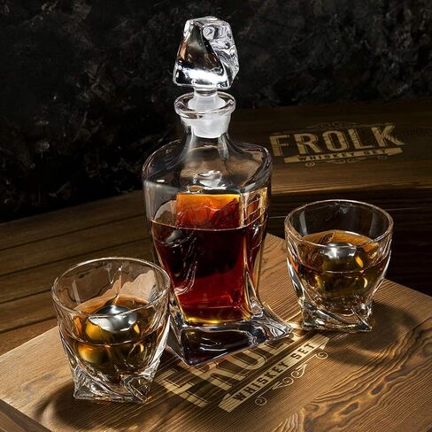 Whiskey Decanter and Stones Gift Set for Men - Whiskey Decanter, 2 Twisted Whiskey Glasses, 6 XL Stainless Steel Whisky Chillers, Freezer Base, 2 Slate Coasters, Tongs & Freezer Pouch in Pinewood Box in Saudi Arabia