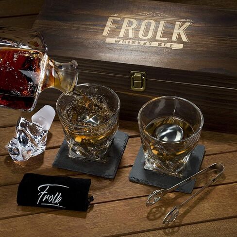 Whiskey Decanter and Stones Gift Set for Men - Whiskey Decanter, 2 Twisted Whiskey Glasses, 6 XL Stainless Steel Whisky Chillers, Freezer Base, 2 Slate Coasters, Tongs & Freezer Pouch in Pinewood Box in Saudi Arabia