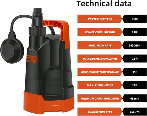 مضخة مياه نظيفة، Prostormer 1HP 3430GPH مضخة صرف منزلية غاطسة محمولة مع مفتاح تعويم تلقائي لحمام السباحة والبركة والقبو المغمور والطابق السفلي in Kuwait