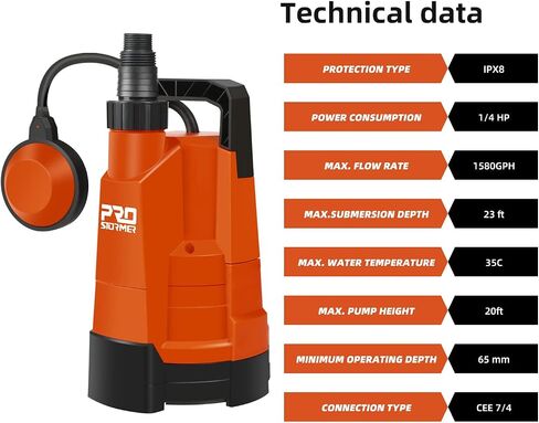 Clean Water Pump, Prostormer 1HP 3430GPH Portable Household Submersible Utility Drainage Pump with Automatic Float Switch for Swimming Pool, Pond, Flooded Cellar and Basement in Kuwait