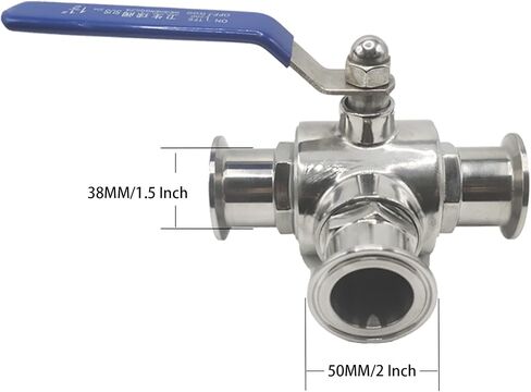 3-Way Ball Valve, 1.5 Inch Sanitary Ball Valve Clamp, 1 1/2 inch Stainless Steel 304 Three Way Ball Valve, 3 Way Clamp Connection Valve with Blue Locking Handle (1.5") in Saudi Arabia