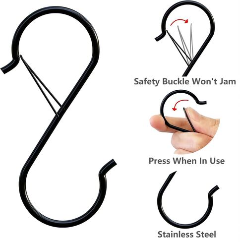 10 عبوات من خطافات OlibaDu® S للتعليق، وخطافات S مقاس 3.5 بوصة مع مشبك أمان، وخطافات S شديدة التحمل لتعليق أدوات المطبخ، وخطافات النباتات وأدوات المرآب (أسود). in Kuwait