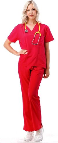 Women's Medical Uniform Scrubs Set – 4 Way Stretch 8 Pocket V-Neck Top with Drawstring Pants Nursing Dental Classic Blue XXS in Saudi Arabia
