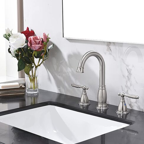 Phiestina 3 Hole 8 Inch Brushed Gold 2 Handle Widespread Bathroom Faucet with Metal Pop Up Drain,WF017-4-BG in Saudi Arabia