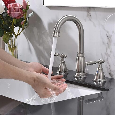 Phiestina 3 Hole 8 Inch Brushed Gold 2 Handle Widespread Bathroom Faucet with Metal Pop Up Drain,WF017-4-BG in Saudi Arabia
