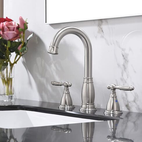 Phiestina 3 Hole 8 Inch Brushed Gold 2 Handle Widespread Bathroom Faucet with Metal Pop Up Drain,WF017-4-BG in Saudi Arabia