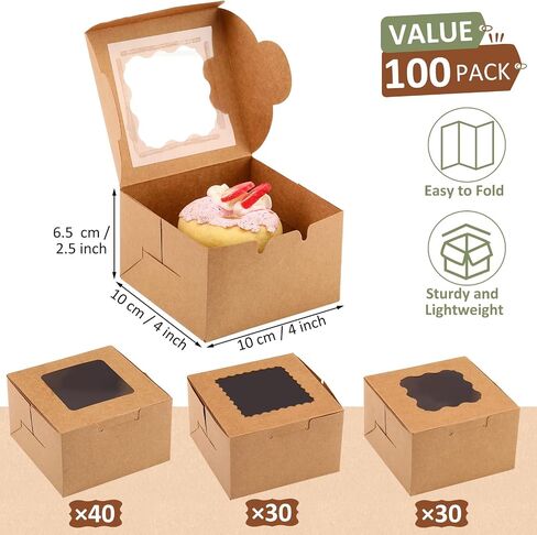 Thenshop 100 Pcs Dessert Boxes Pastry Boxes Cookie Brown Bakery Boxes with Clear Window Kraft Cupcake Baking Boxes for Muffins Donuts Gift Container Party Favor 4 x 4 x 2.5 Inches (Brown) in Saudi Arabia