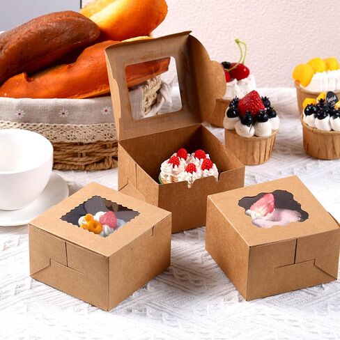 Thenshop 100 Pcs Dessert Boxes Pastry Boxes Cookie Brown Bakery Boxes with Clear Window Kraft Cupcake Baking Boxes for Muffins Donuts Gift Container Party Favor 4 x 4 x 2.5 Inches (Brown) in Saudi Arabia