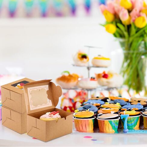 Thenshop 100 Pcs Dessert Boxes Pastry Boxes Cookie Brown Bakery Boxes with Clear Window Kraft Cupcake Baking Boxes for Muffins Donuts Gift Container Party Favor 4 x 4 x 2.5 Inches (Brown) in Saudi Arabia