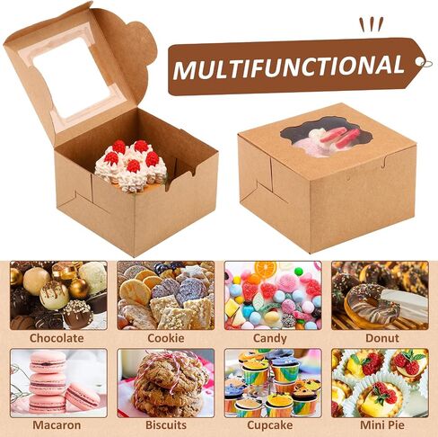 Thenshop 100 Pcs Dessert Boxes Pastry Boxes Cookie Brown Bakery Boxes with Clear Window Kraft Cupcake Baking Boxes for Muffins Donuts Gift Container Party Favor 4 x 4 x 2.5 Inches (Brown) in Saudi Arabia