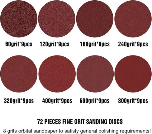 مجموعة أقراص الصنفرة 72 قطعة من Hongway، ورق صنفرة مداري مقاس 5 بوصات، وسادات صنفرة مدارية بخطاف وحلقة، 60 120 180 240 320 400 600 800 حبيبة 8 فتحات لصنفرة الطاقة العشوائية in Kuwait