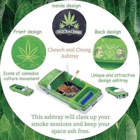 Cheech and Chong Special Edition 50th Anniversary Ashtrays - Design Pin Striped Lowrider, Leaves - Smoking Ash Tray Tabletop, Desktop for Indoor or Outdoor Use, Great Gift in Saudi Arabia