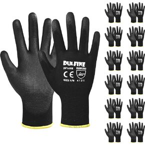 DULFINE Ultra-Thin PU Coated Work Gloves-12 Pairs,Excellent Grip,Nylon Shell Black Polyurethane Coated Safety Work Gloves, Knit Wrist Cuff,Ideal for Light Duty Work. (Large)