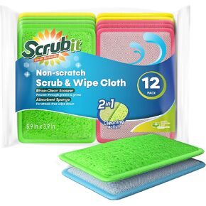 SCRUBIT - [12 Pack] Scrub and Wipe Cleaning Pads – Dual Sided Scouring Pad and Dish Sponge -Reusable Kitchen Sponge for Pots, Pans Utensils & Non-Stick Cookware - Assorted Color Dishwashing sponges
