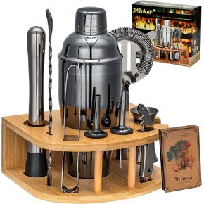 Cocktail Shaker Set with Stand | Perfect Bartender Kit for Home and Bar-Bar Tools Set: 24oz Martini Shaker, Muddler, Jigger, Strainer, Mixer Spoon, Tongs, Corkscrew, 2 Liquor Pourers, Recipes Cards in Saudi Arabia